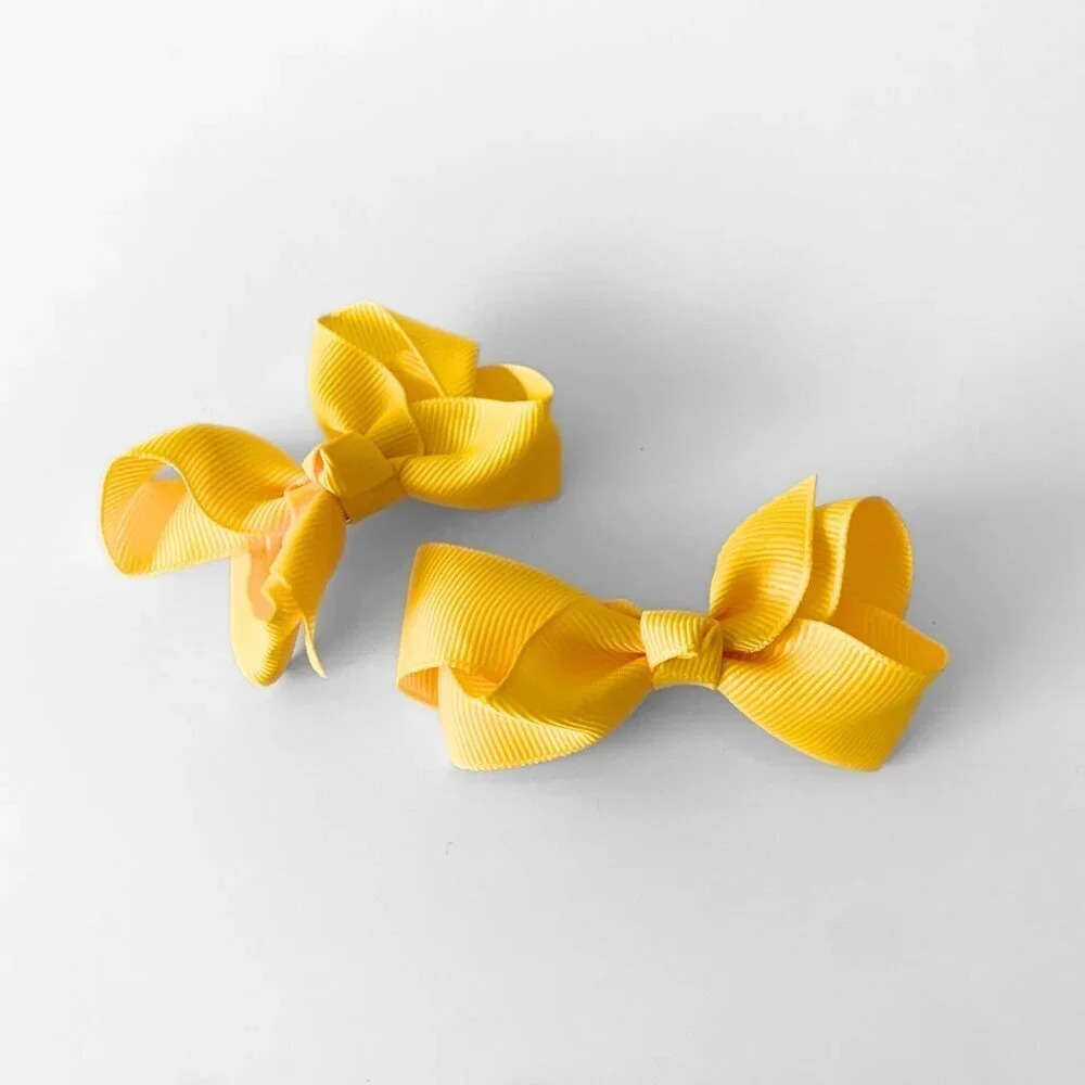 Set of 2 Pretty Girls Hair Bows Grosgrain Ribbon Clips Hair Accessories Yellow - Picture 2 of 5